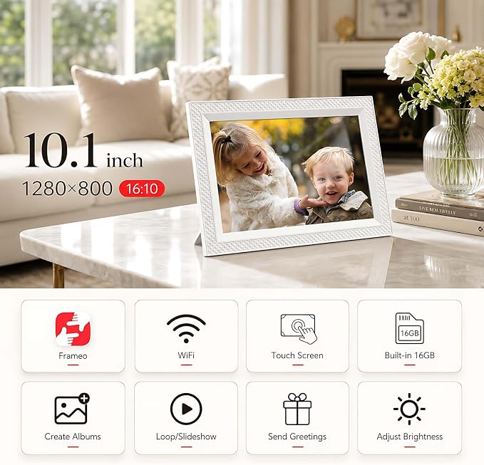 Frameo Digital Picture Frame 10.1" Digital Calendar 2-in-1|WiFi Smart Photo Frame16GB with 1280x800 HD Touchscreen|Sync Family Calendars Planner|Share Photos/Videos from Phone|Gifts for Mom Parents