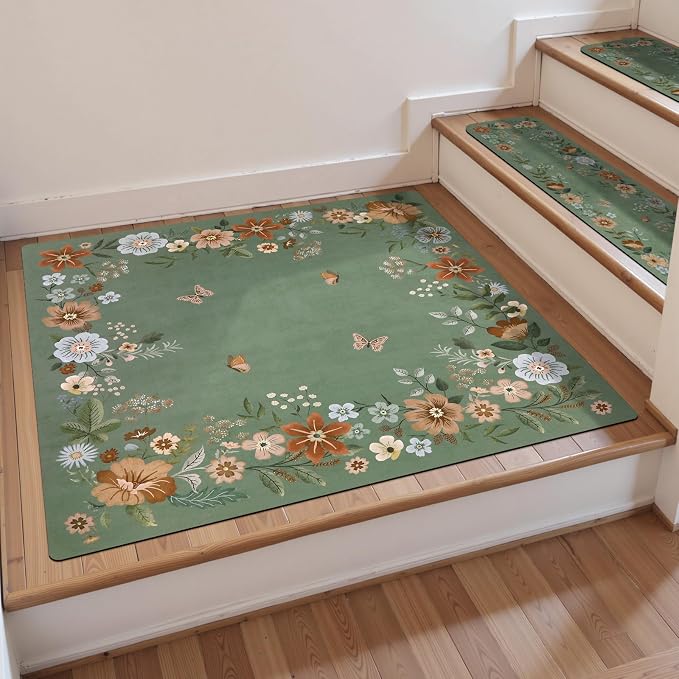 OJIA Floral Stair Treads Non-Slip Landinging Mat 31"x31" Stair Runner | Square Carpet Stair Treads for Wooden Steps Indoor Rubber Backing Anti-Slip Stair Matching Mat Stair Rugs, Green