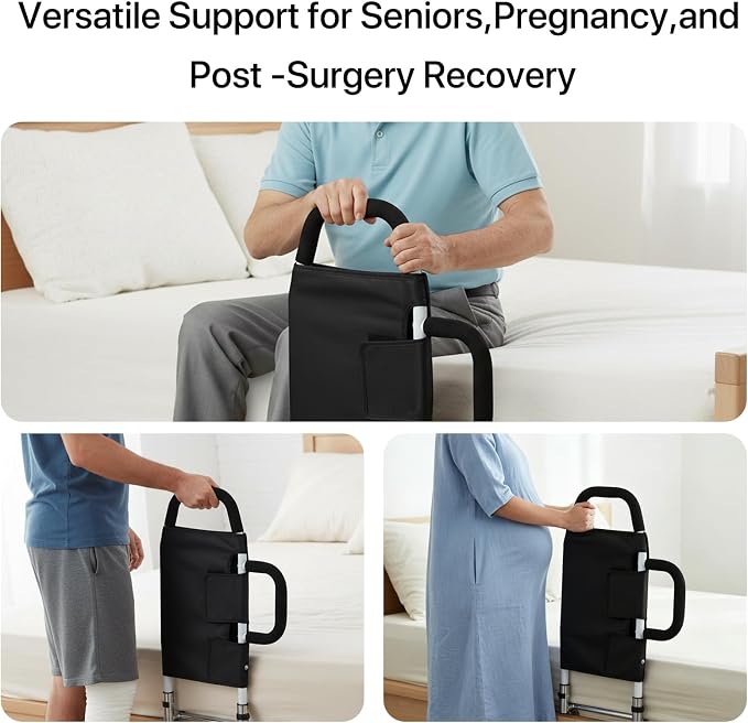 2026 Upgraded ASTM Approved Bed Assist Rail Adjustable 400 LBS Senior Bed Cane Anti-Slip Handle & Storage Pocket