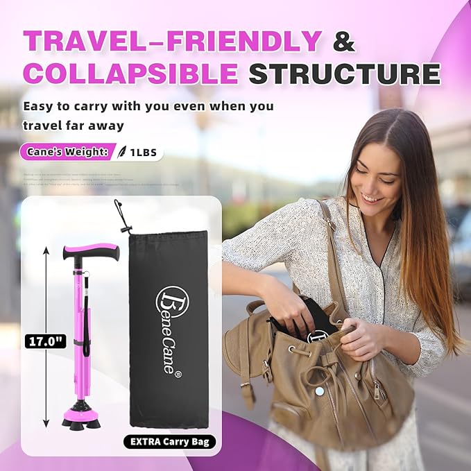 BeneCane Walking Cane for Men & Women Walking Stick for Seniors Folding Canes Quad Cane Adjustable Lightweight Sturdy Collapsible Heavy Duty with Soft TPR T-Handle and Travel Bag