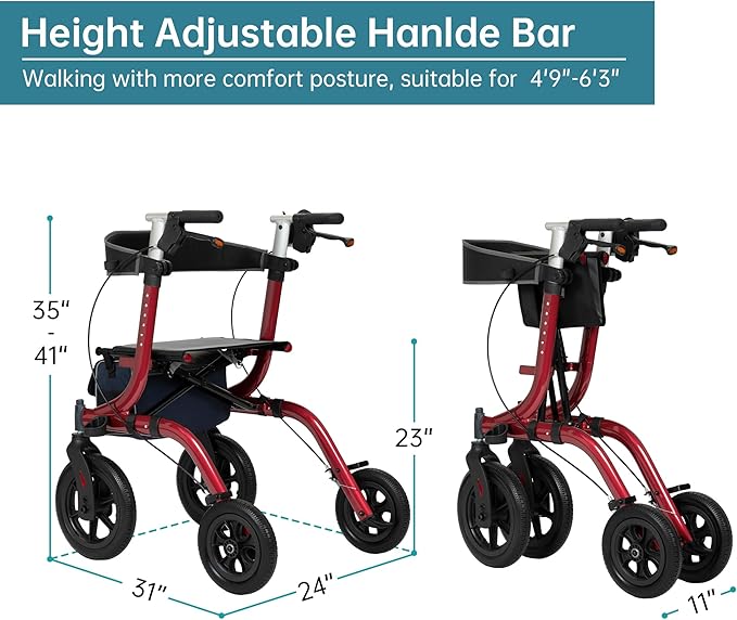 ELENKER All-Terrain Rollator Walker with Seat, Outdoor Rolling Walker, 12” Non-Pneumatic Tire Front Wheels, Compact Folding Design for Seniors, Red
