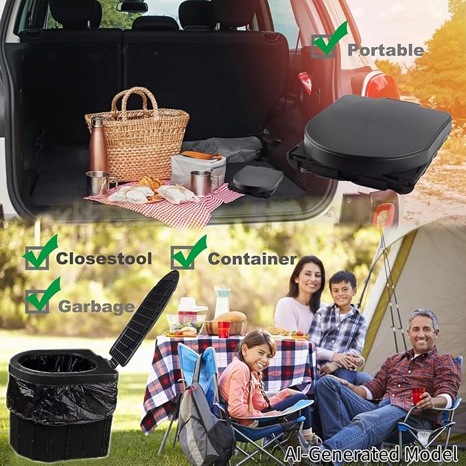 KINSPORY Camping Toilet, Portable Toilet for Adults & Kids, Foldable Potty & Outdoor Emergency Sanitation Products, Trash Can, Stool for Car Truck Camping Travel Hiking Fishing Long Trips (Deep Black)