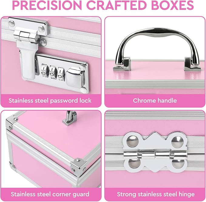 Medication Lock Box Aluminium Alloy Combination Lock for Home and Travel Medicine Lock Box,First Aid Safe Medication Storage Box,7.66''x 5.12''x 4.13'' (Pink)