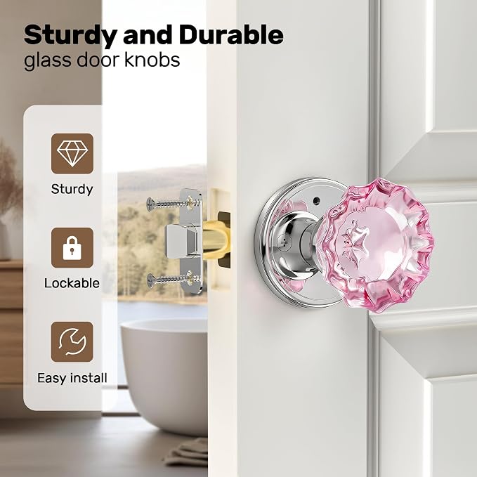 Pink Glass Door Knobs Interior with Lock, Crystal Door Knob | Interior Rose Shape Polished Chrome Privacy Door Knob for Bedroom and Bathroom