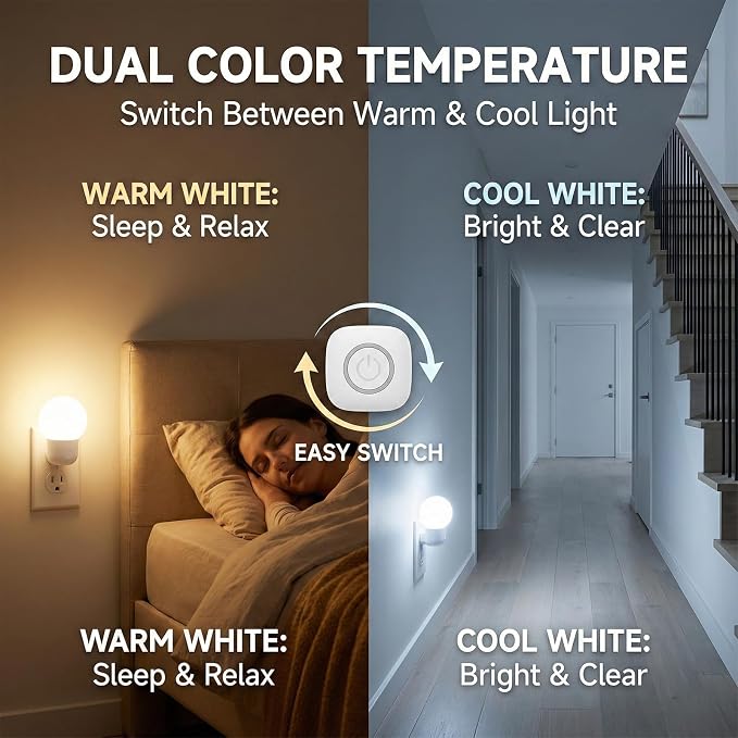 LED Night Lights Plug into Wall, Warm White/Cool White Adjustable，Tool Free Setup Plug in Night Light，1W Bright Nightlight for Adults Room Bedroom Bathroom Hallway Kitchen