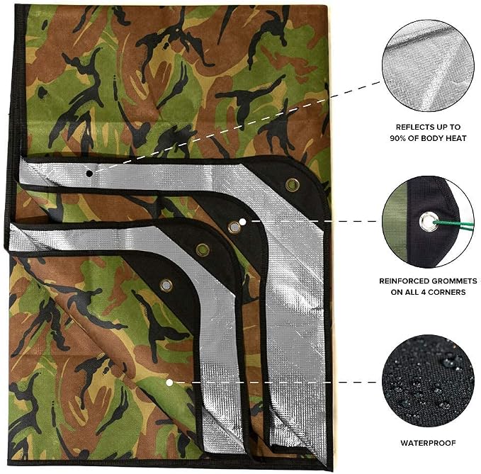 Arcturus Insulated Tarp, Reusable Heavy Duty Thermal Survival Blanket – 60x82in, Reflects 90% Body Heat, Waterproof, Windproof, 3-Layer Design, Reinforced Grommets, Woodland Camo