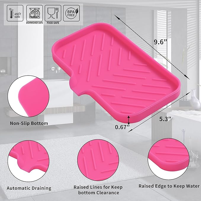 Silicone Bathroom Soap Dishes with Drain Spout-Bathroom and Kitchen Sink Organizer,Sponge Holder,Dish Soap Tray,Perfect for Dispenser,Scrubber,Bottle,Cup on Sink or Counter-Rose 9.6"×5.3"