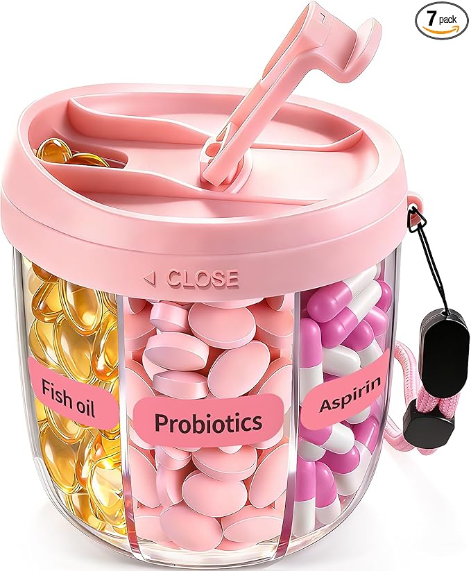 Pill Organizer,Travel Essentials Pill Container, Travel Pill Dispenser with Pink Lid，Pill Case Having 7 Large Compartments,Travel Containers for Cruise Essentials 2026