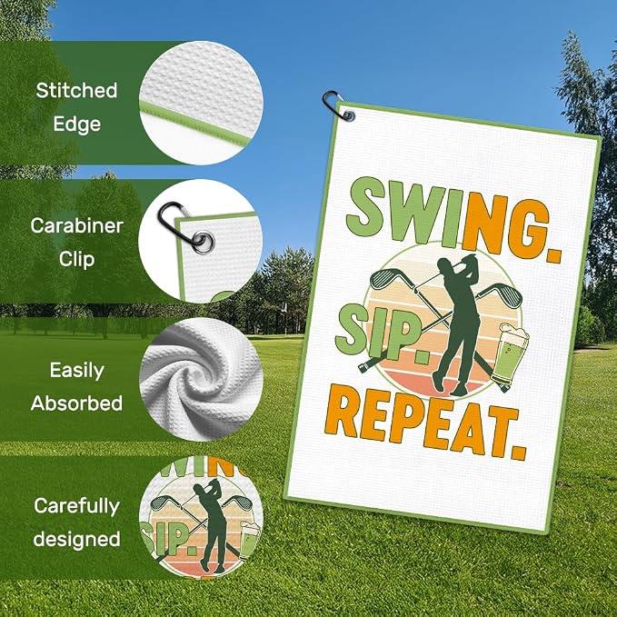 Swing Sip Repeat Golf Towel with Clip, Funny Golf Bag Accessories for Men Women, Golfing Accessories for Men Women, Retirement Birthday Gifts for Golfer, Golfing Gifts for Grandpa Dad Uncle Mom