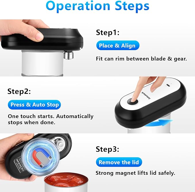 SAKAMOSH One-Touch Auto Stop Electric Can Opener | Smooth Safe Edges, Cordless Rechargeable, One-touch Auto Stop, Compatible with Most Can Sizes, Great for Seniors, Arthritis