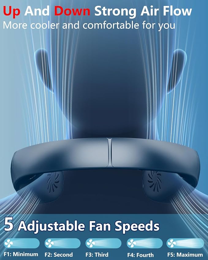 Personal Neck Fans Mister with Water Spray, 4000mAh 4-9H Lasting, Mini Foldable Leafless AC for Neck Face Shoulder, LED Cordless Hanging Wearable Headphone Fan for Kid Adult Worker Hot Weather, Blue