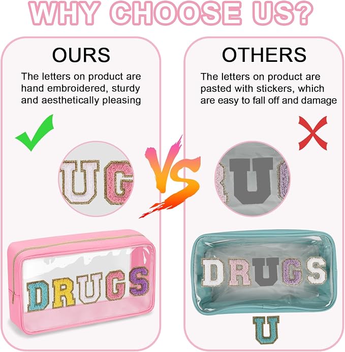 Clear Letter Patch Medicine Bag Drugs Pouch with Zipper, Travel Portable Cosmetic Makeup Bag for Women Girls, Waterproof Nylon PVC Toiletry Meds Storage Case Chenille Letter Stadium Bag(Pink, DRUGS)