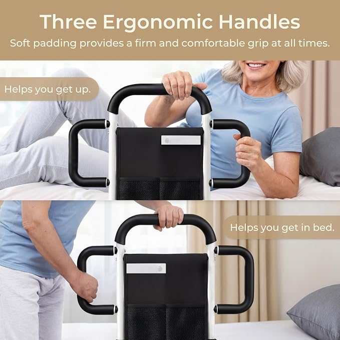 Bed Rails for Elderly Adults Safety, 400 Lbs Support for Seniors, ASTM-Certified Height Adjustable Bed Assist Rail with Motion Sensor Light, Triple Non-Slip Handles & Dual Storage Pockets