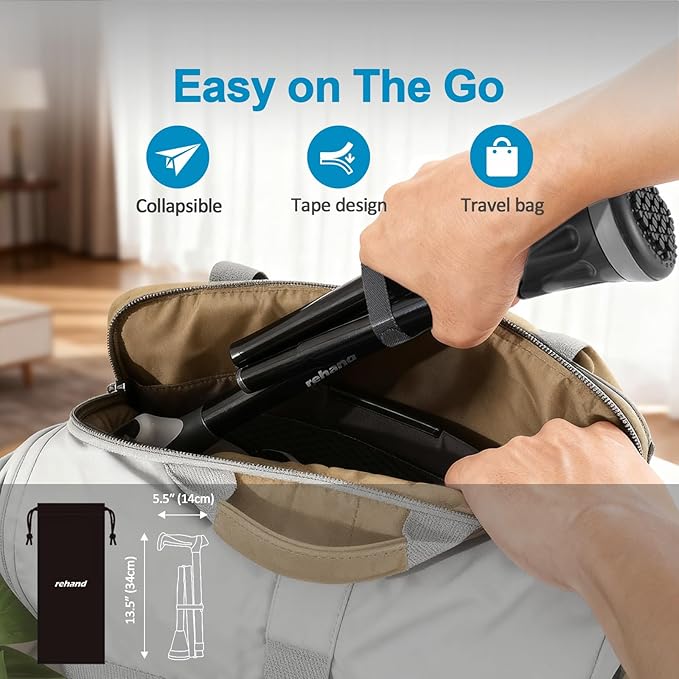 REHAND Walking Cane for Men & Women - Foldable, Adjustable, Lightweight, Self Standing Pivot Walking Cane, Soft Handle Grip, with Travel Bag, Walking Sticks for Seniors & Adults