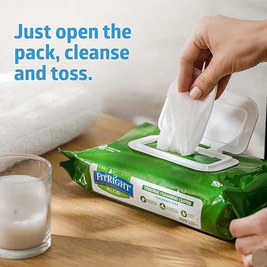 FitRight Aloe Quilted Heavyweight Personal Cleansing Cloth Wipes, Unscented, 576 Count, 8 x 12 inch Adult Large Incontinence Wipes