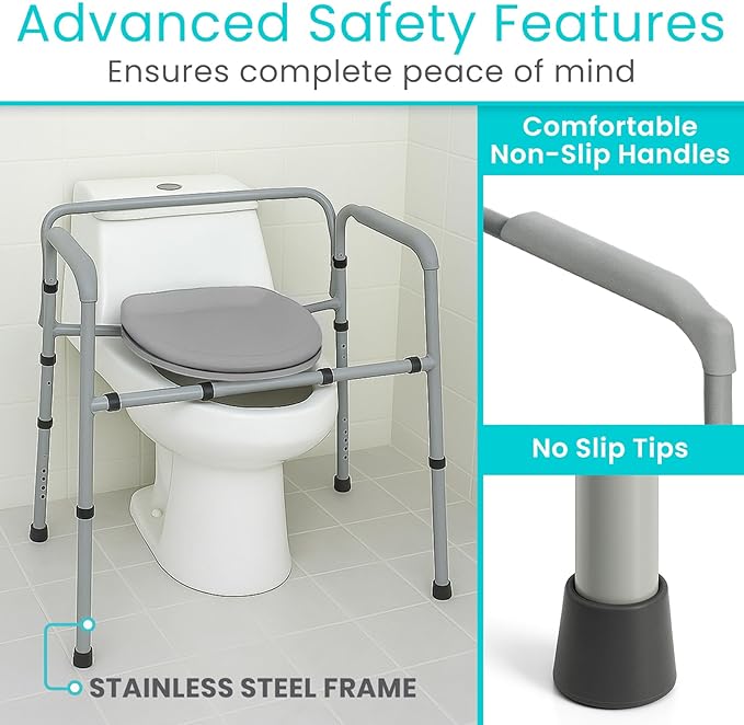 Vive Bariatric Bedside 3-in-1 Commode 500 lb Capacity - Portable Folding Toilet Chair - Adjustable Height, Extra Wide Seat - Bucket Splash Guard Heavy Duty Adult Bathroom, Pail Fits Standard Liner Bag
