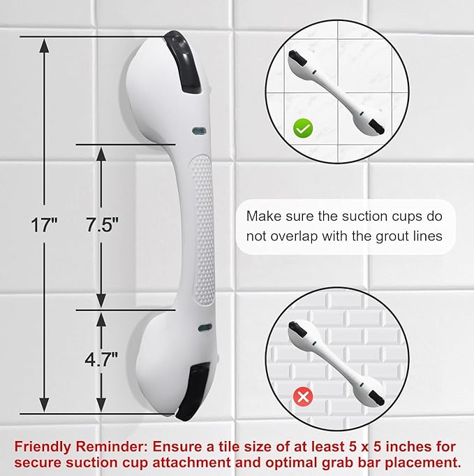 2Pack Suction Grab Bar for Shower Bathtub: Upgraded Heavy Duty Non-Slip Grip Handle with Strong Suction Cup for Bathroom Wall, Max Load 269LBS Safety Bar for Elderly Senior (2, White)