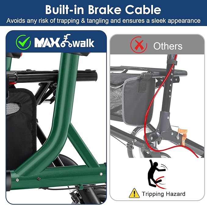 Walkers for Seniors, Rollator Walker with Seat, 10" Rubber Wheels All Terrain Rollator Walker with Backrest, Aluminum Walkers Built-in Cable, Foldable and Adjustable Height for Seniors, Green