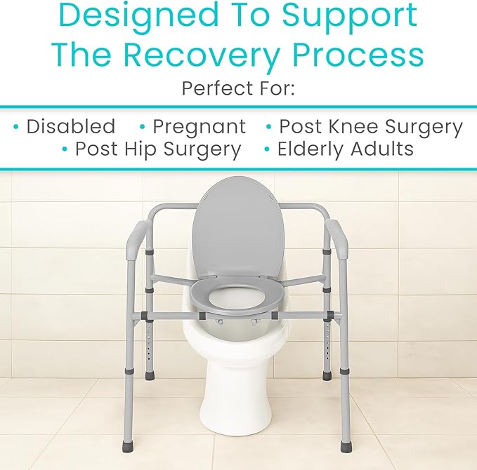 Vive Bariatric Bedside 3-in-1 Commode 500 lb Capacity - Portable Folding Toilet Chair - Adjustable Height, Extra Wide Seat - Bucket Splash Guard Heavy Duty Adult Bathroom, Pail Fits Standard Liner Bag