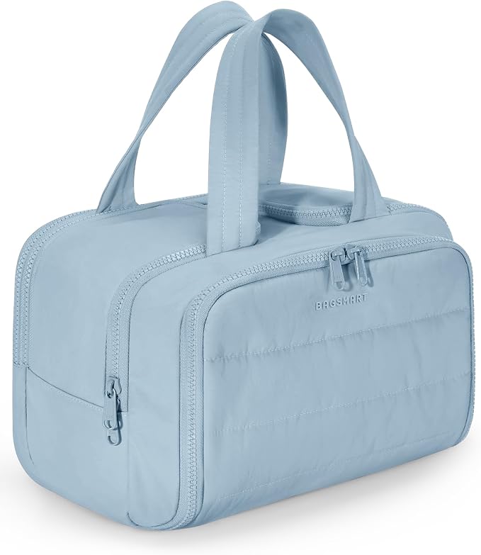BAGSMART Travel Toiletry Bag, Crush Toiletry Bag for Women, Wide-open Puffy Toiletry Bags for Traveling, Large Travel Cosmetic Makeup Bag Organizer for Accessories,Toiletrie (Horizon Blue)