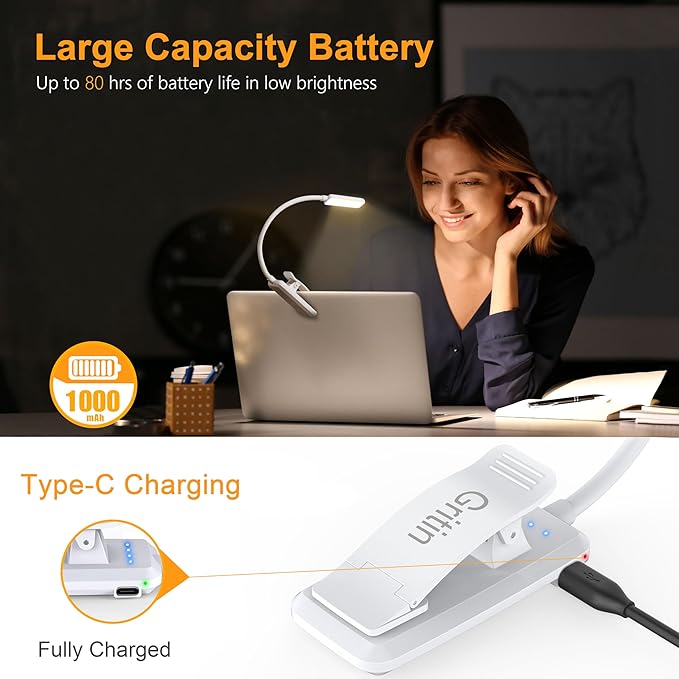 Gritin 9 LED Rechargeable Book Light for Reading in Bed -Eye Caring 3 Color Temperatures,Stepless Dimming Brightness,80 Hrs Runtime Small Lightweight Clip On Book Reading Light for Studying-White