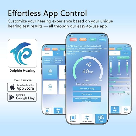 Rechargeable Bluetooth Hearing Aids for Seniors - APP Controlled, Noise Cancelling, Wireless Music Streaming, Hands-Free Phone Calls, OTC Hearing Devices (Silver Bluish Clip)