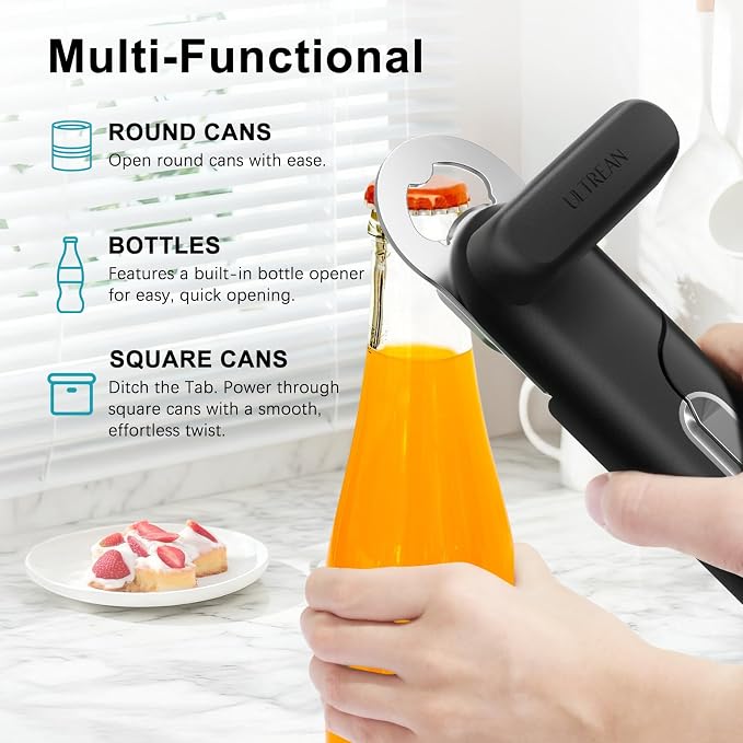 Ultrean Can Opener Manual, Heavy Duty Stainless Steel Smooth Edge Can Opener with Ergonomic Handles and Oversized Easy Turn Knob for Seniors, Black