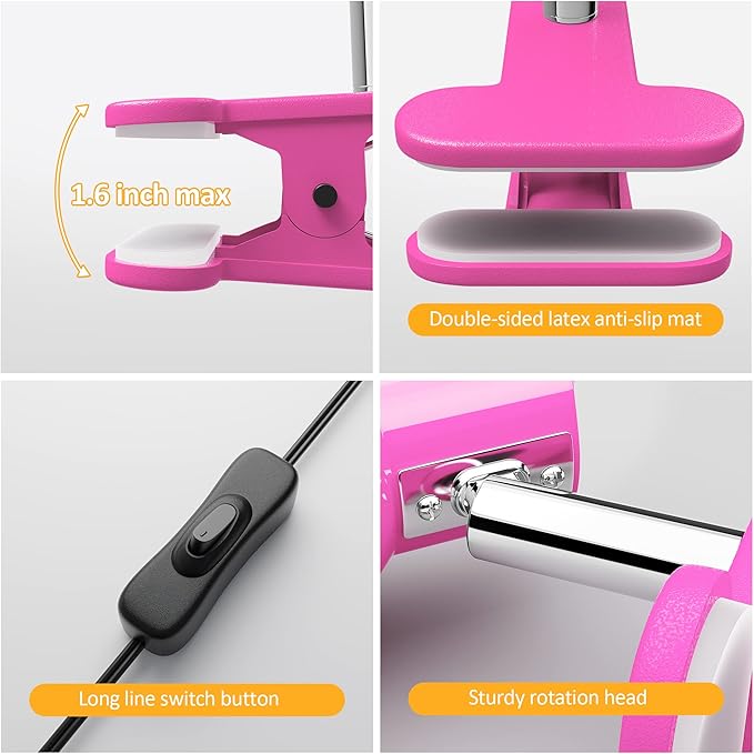 LED Clip on lamp,5W Super Bright Reading Light, 330° Rotation Small Lamp with Clamp on Desk/Table/Bed Headboard/Cupboard Home Lighting, Modern and Save Space Illumination Powerful Lamp Pink