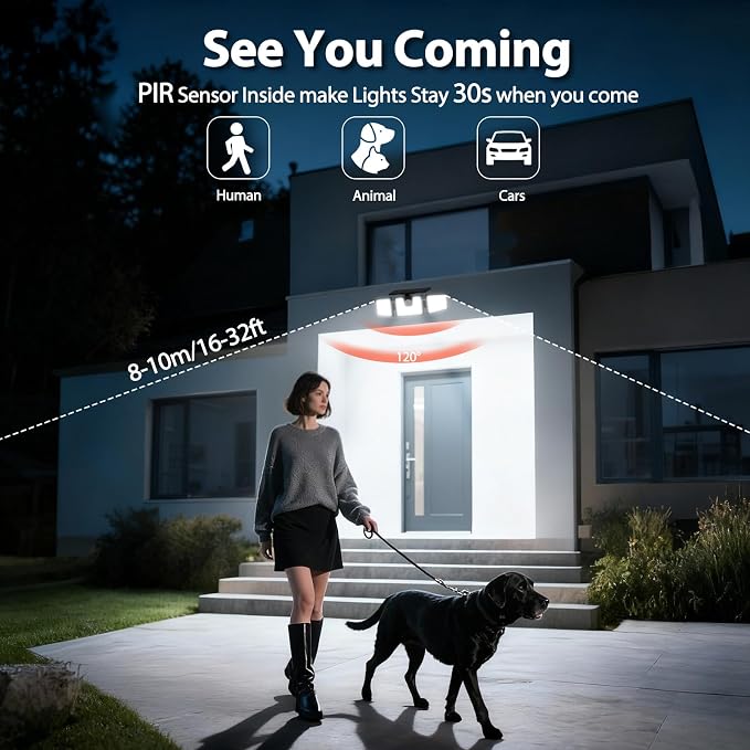INCX Solar Lights Outdoor, 3000LM Motion Sensor Outdoor Lights, 4PCS, Black | 3 Adjustable Heads; 156 LEDs; IP65 Weather Resistant; 6500K Daylight; Wide coverage for garages,yards,patios,and entryways