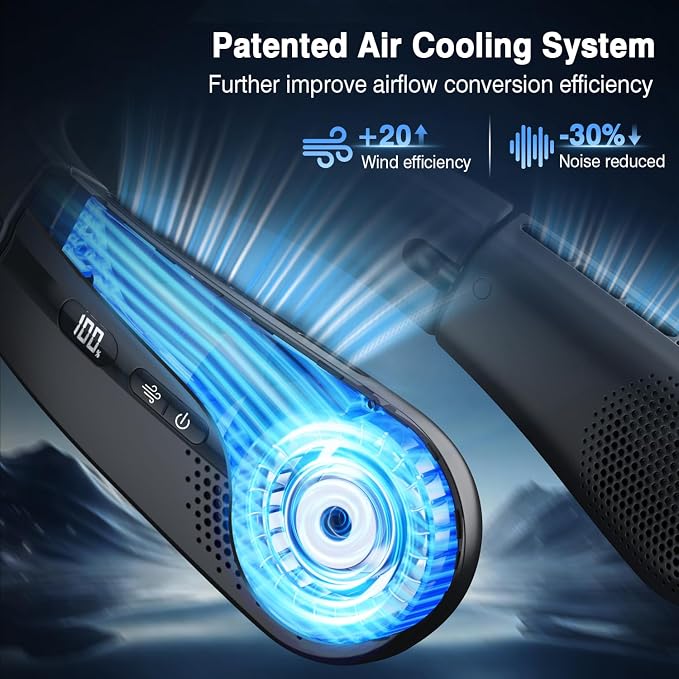 ChillGo Portable Neck Fan - 8400 RPM Enlarged Turbo Airflow - 5200mAh Personal Rechargeable Cooling Wearable Fan - Max 16H, 4 Speeds, Foldable, LED Display - Great Gifts for Men Women - 2nd Gen Black