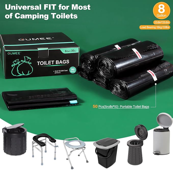 50 Pack Camping Toilet Bags, 8 Gallon Portable Toilet Bags | Toilet Waste Bags, Leak-Proof Potty Liners Trash Bags for Outdoor Camping Toilet Bucket,Traveling, RV Trip