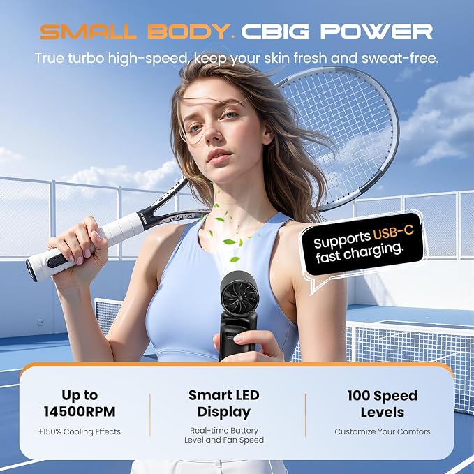 Portable Mini Clip On Fan, Turbo Handheld Fan Rechargeable Portable Fan | 3-in-1 Personal Cooling Fan 14500 RPM Mini Stroller Fan for Travel, Camping, Office & Outdoor Use