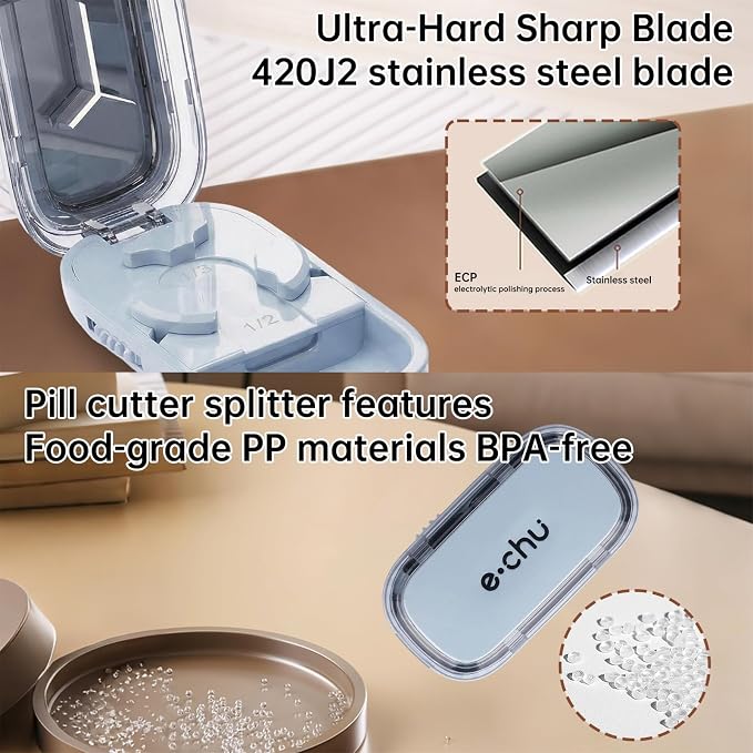 Pill Cutter Splitter for Small and Tiny Pills - Adjustable Pill Splitter with Centering Device for Cutting Multiple Pills, Accurate Alignment and Easy to Use, Storage Organizer (2Blue)