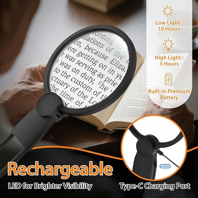 Hands-Free Magnifying Glass with Light, Rechargeable Neck Lighted Magnifier | Magnifier for Close Work, Reading Small Print, Cross Stitch, Sewing & Crafts, Vision Aid for Seniors & Low Vision