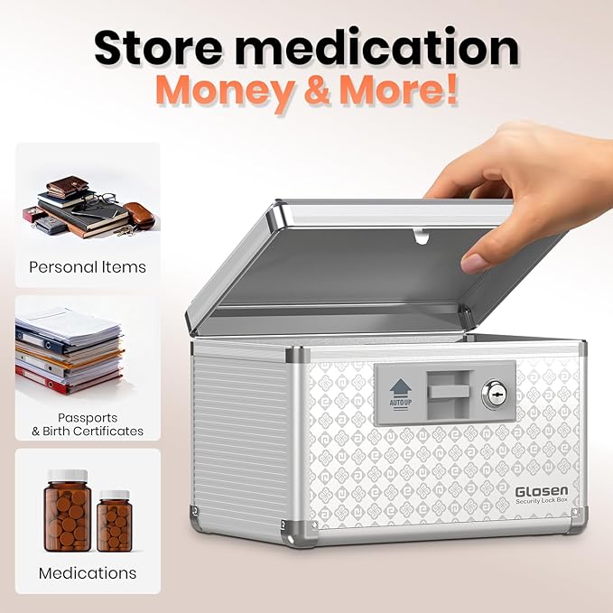 Glosen Medicine Lock BoxLockable Dorm Storage Trunk with Key Lock - Briefcase【Grey-Small】 10 * 6.7 * 6.7inch Medicine Lock Box, Lock Boxes for Personal Items