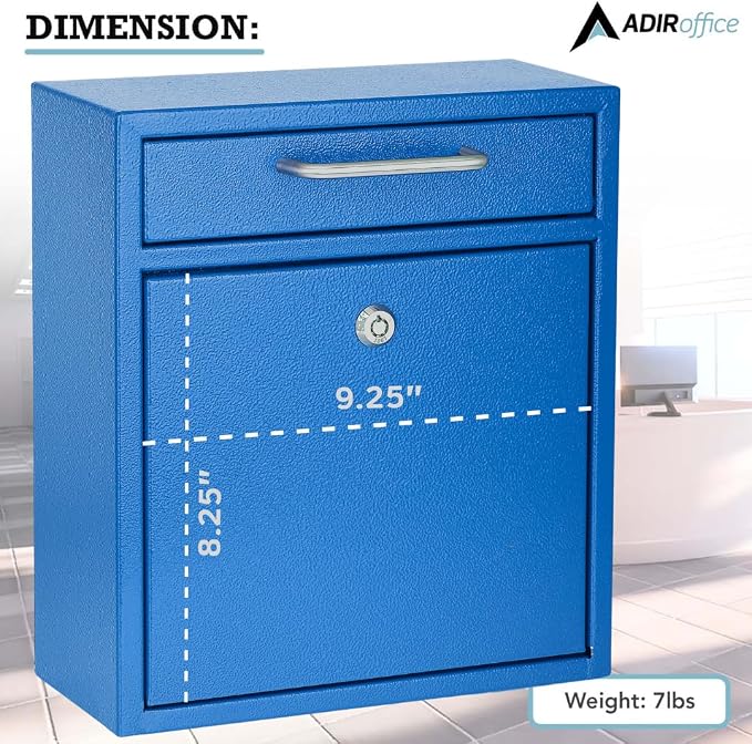 AdirOffice Wall Mount Mailbox - Mailbox with Lock and Keys- Durable Wall Mounted Locking Mailbox and Cash Drop Box for House, Apartments and Bussiness After Hours Deposits