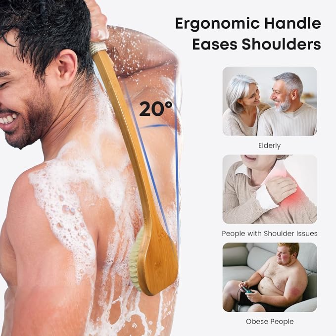 eaxun 17.3 Inches Bamboo Back Scrubber with Curved Long Handle for Shower | Exfoliating Shower Brush with Natural Boar Bristles for Men and Women, Anti-Slip Grip Back Washer for Bath or Dry Brushing