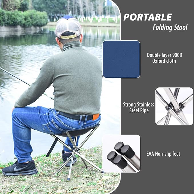 Lightweight Backpacking Stool, 13.8in Portable Folding Chair with Carry Bag | Folds to 2.6x2.6x12.6in, Retractable 4-Leg Frame, No Assembly and Carry Bag for Hiking, Travel, Concerts, Queuing and Fishing