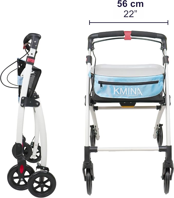 KMINA Narrow Walker for Small Spaces (22" Wide), Foldable Walker | Tray and Basket, 4 Wheels and Brakes, Lightweight Indoor Rollator for Seniors, Black