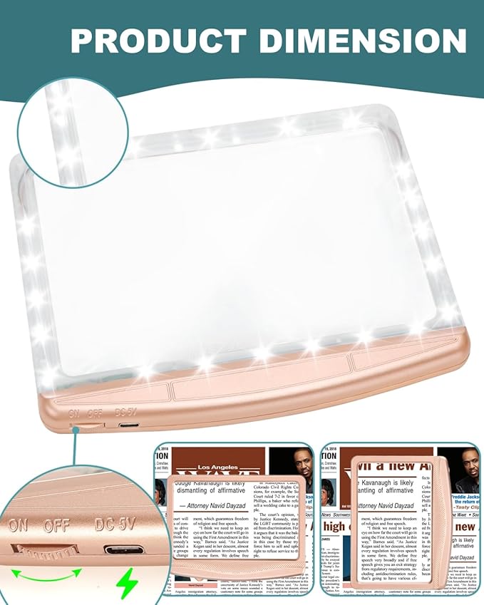 5X Rechargeable Magnifying Glass with Light, Large Bright LED Lighted Full Page Magnifier, Lightweight Rectangular Handheld Magnifier with Light for Reading Small Prints for Senior, Rose Gold