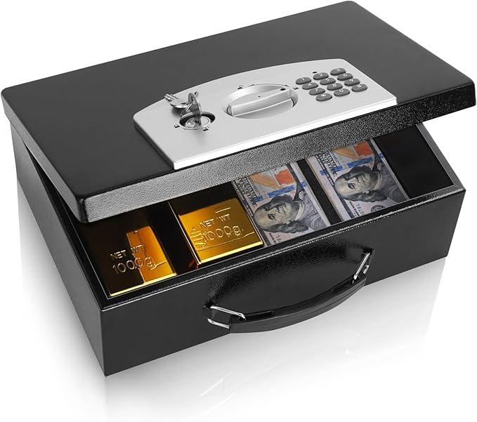 Dalmbox Portable Metal Safe Box with Digital Code Lock,Fire Resistant Storage for Documents, Fireproof Safe Box, Car, Home, Office and Outside, Black Box， Medium