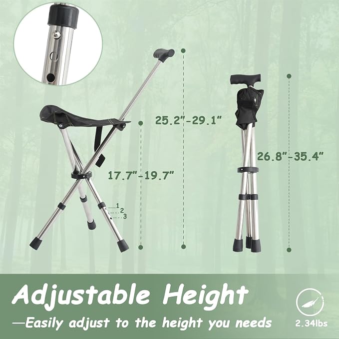 King Mills Lightweight Portable Stools for Adults Heavy Duty, Adjustable Walking Chair for Adults, Anti-Slip Cane Seat Walking Stick Folding Seat 250 Lbs Above Ideal for Camping & Hiking
