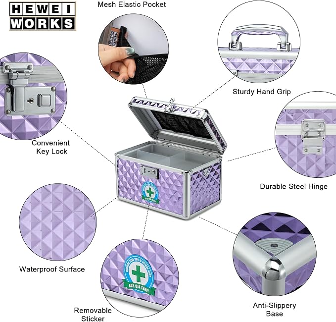 Storage Box with Key Lock, Lockable Medicine Storage Box, Empty First Aid Box, Security Lock Box, Multipurpose Locking Box for Home and Outdoor Use (Purple, Medium)
