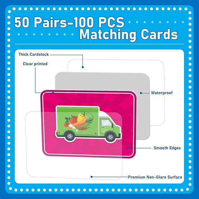 gisgfim 100 PCS Memory Matching Game Trucks Concentration Memory Card Games for Kids Preschool Educational Ages 3-8 A Fun & Fast Vehicle Theme Matching Games