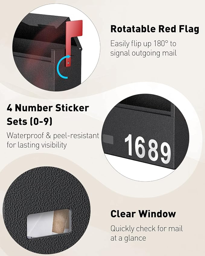 Uniclife Wall Mount Mailbox for Outside (No Locking Mechanism) | Flag & Number Stickers, Large Metal Mail Box for House, Modern Post Box for Outdoor Office Home