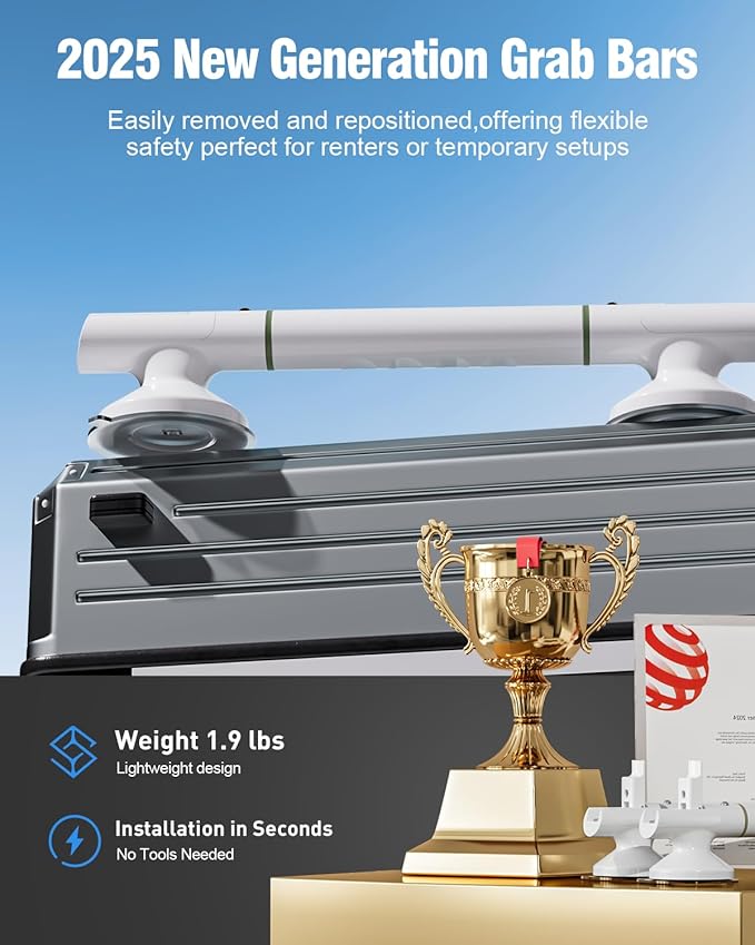 17.7 Inch Grab Bars for Shower, 2 Pack | Shower Handles for Elderly Suction | No-Drill Bathroom Safety Bars for Seniors & Handicap Assist