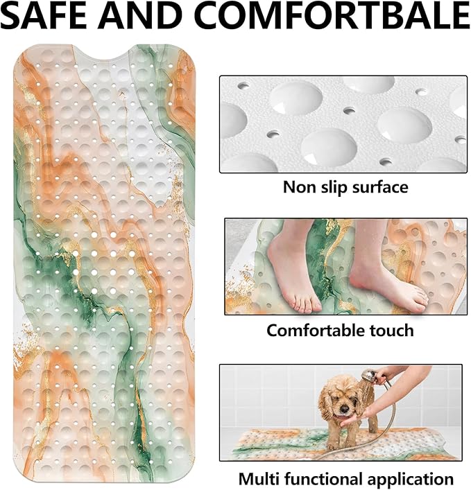 LNOND Marble Bath Tub Mat Non Slip, Extra Long 40 X 16 Inch Anti Slip Mat for Bathtub, Orange Green Marble Shower Mat with Drain Holes and Suction Cups, Machine Washable