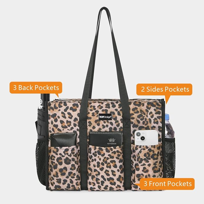 TOPDesign Utility Water Resistant Tote Bag with 13 Pockets, Top Zipper Closure & Thick Bottom Support, for Working Women