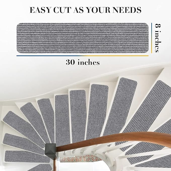 RIOLAND Stair Treads Carpet Non-Slip Indoor 15PCS Stair Runners for Wooden Steps, Stair Rugs for Kids and Dogs, 8" X 30", Light Gray
