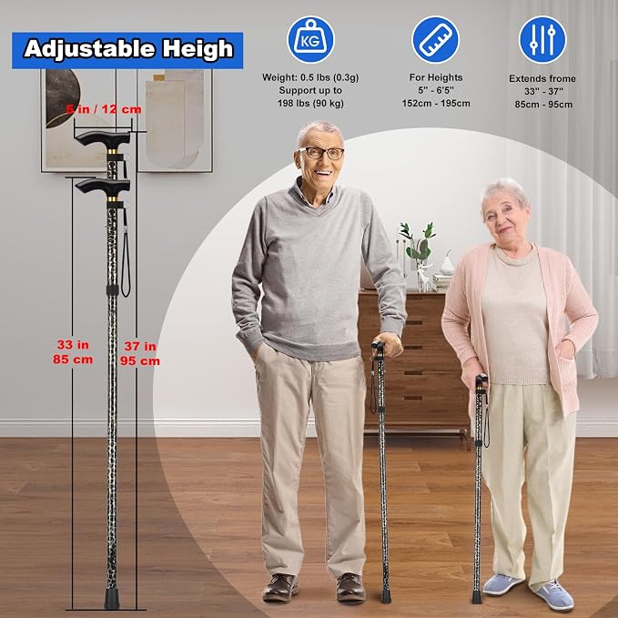 MFE Folding Cane, Portable 5-Level Adjustable Height Walking Stick with Foldable Design, Wrist Strap, and T Handle for Men and Women